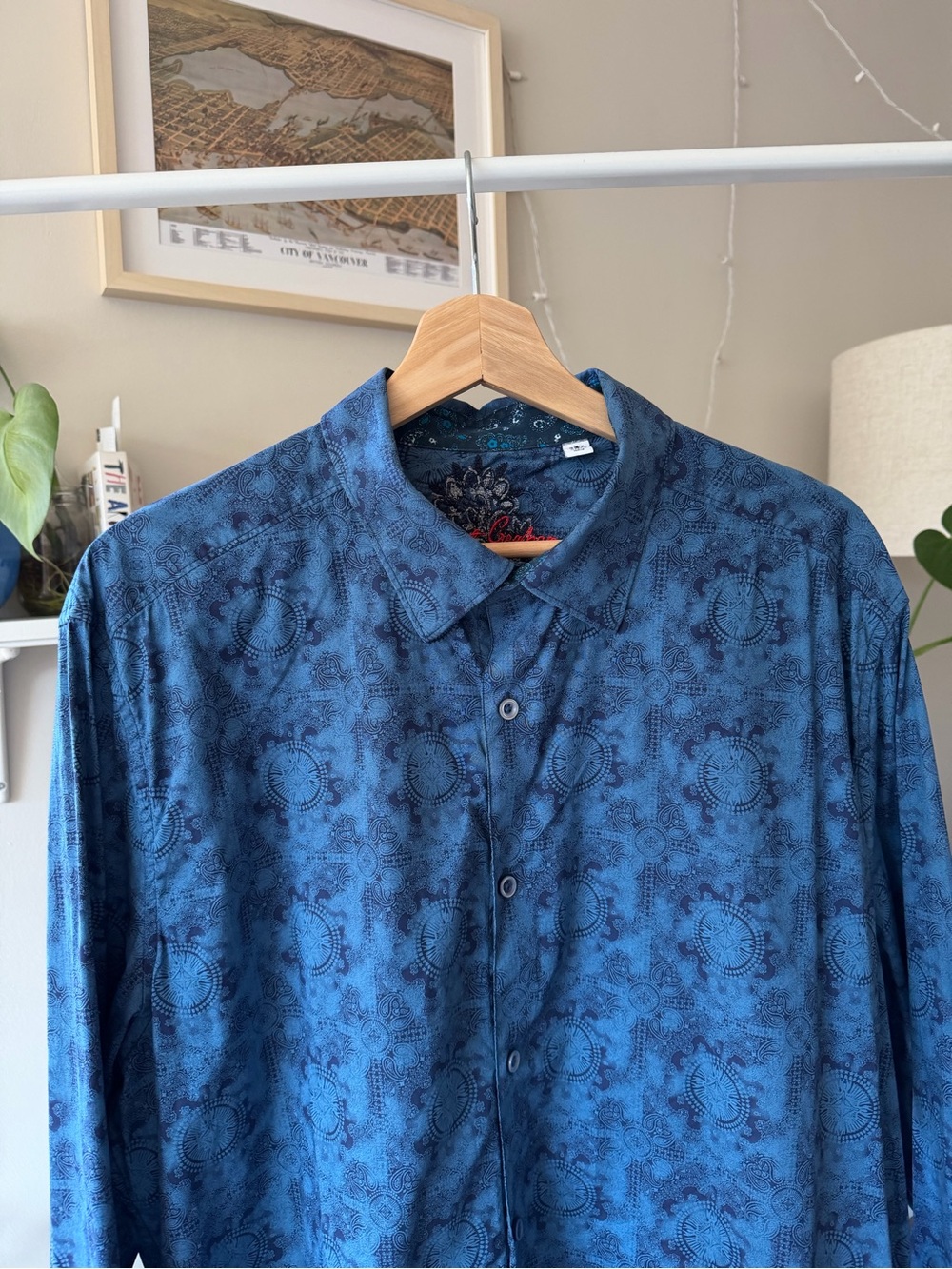 Robert Graham Flip Cuff Blue Button-Up Shirt with Subtle Medallion Print